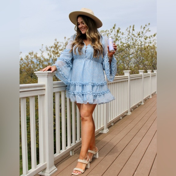 Blue ruffle sheer sleeve dress, A-line with small tie belt, mini - Picture 1 of 2